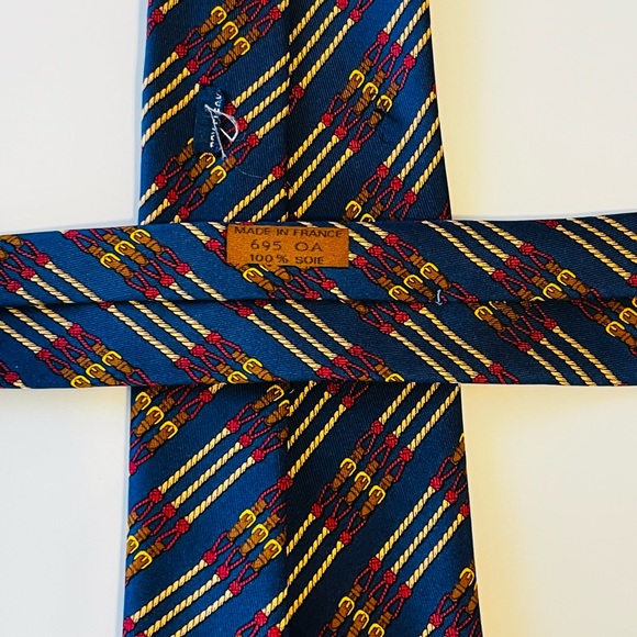 HERMES 695 OA Men’s Neck Tie 100% Silk Vintage France Equestrian Rope Belt Navy - Picture 4 of 7